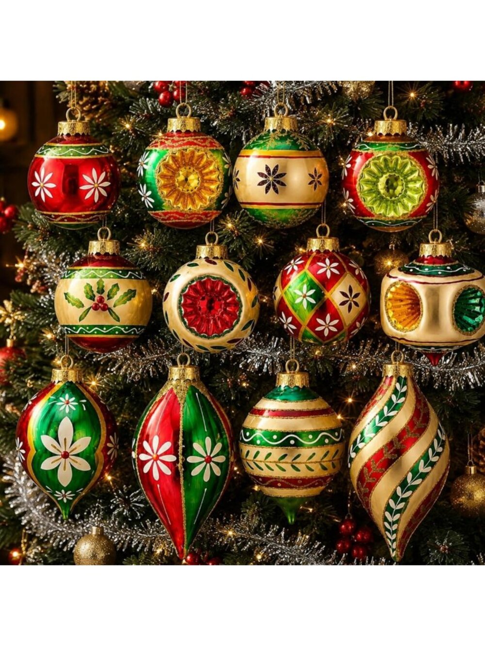 12 Vintage Glass Christmas Ornaments - Classic Reflector Decor for Holiday Cheer